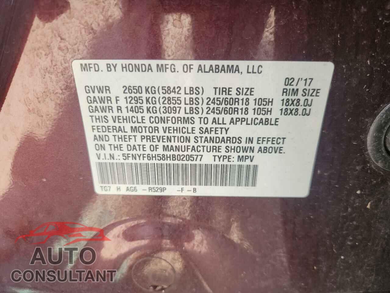 HONDA PILOT 2017 - 5FNYF6H58HB020577