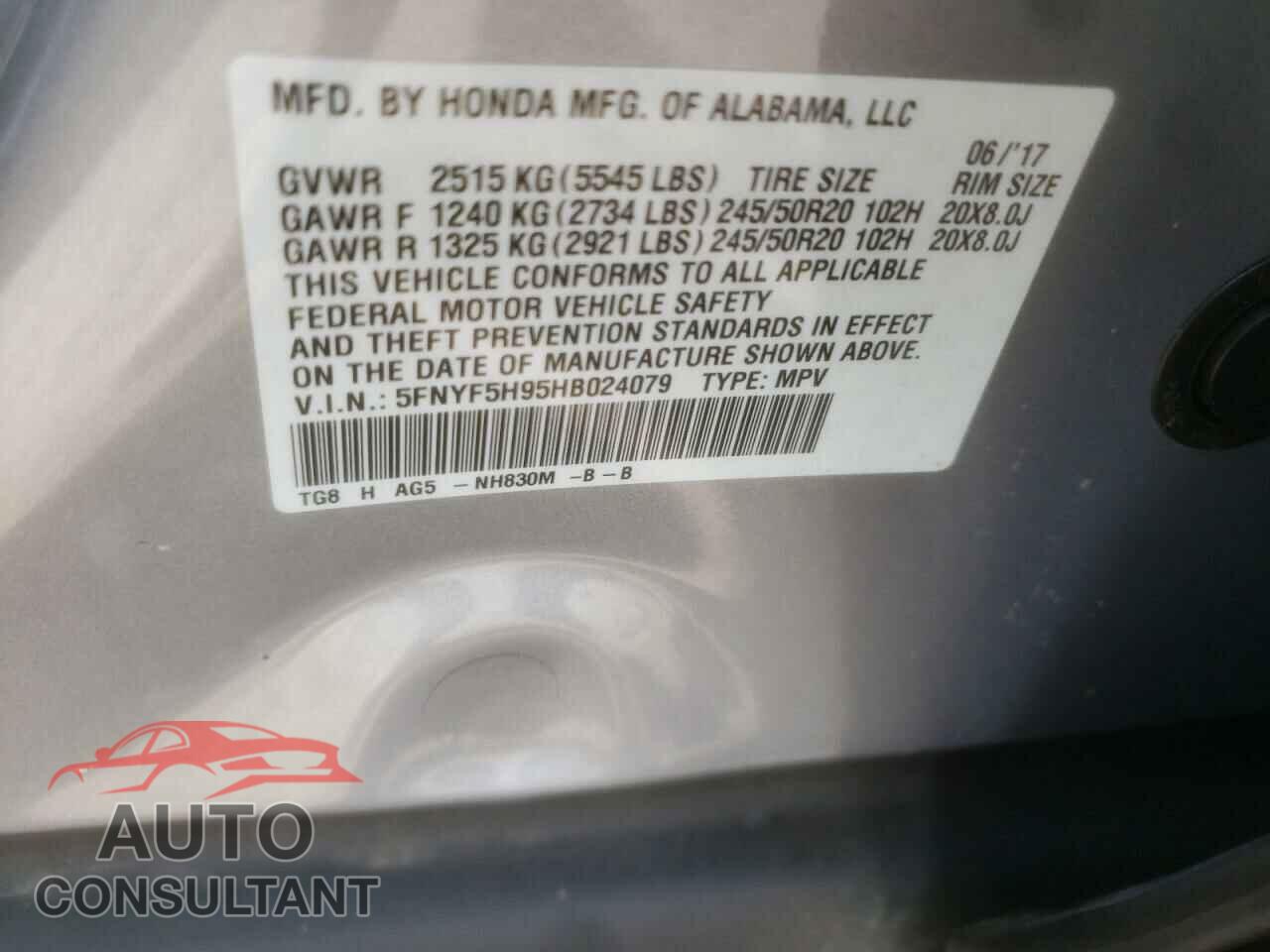 HONDA PILOT 2017 - 5FNYF5H95HB024079