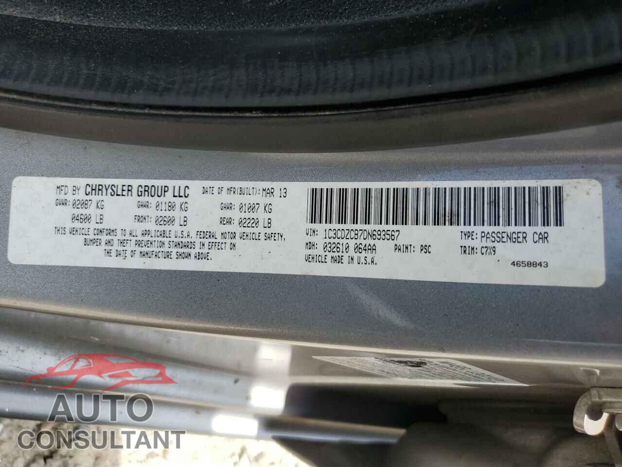 DODGE AVENGER 2013 - 1C3CDZCB7DN693567