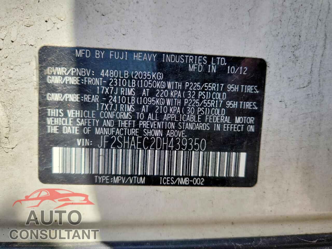 SUBARU FORESTER 2013 - JF2SHAEC2DH439350