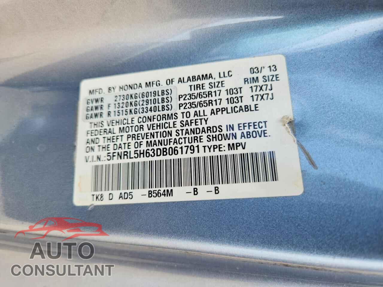 HONDA ODYSSEY 2013 - 5FNRL5H63DB061791