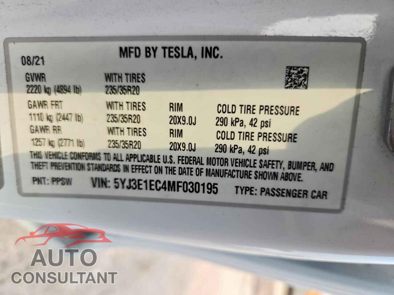 TESLA MODEL 3 2021 - 5YJ3E1EC4MF030195