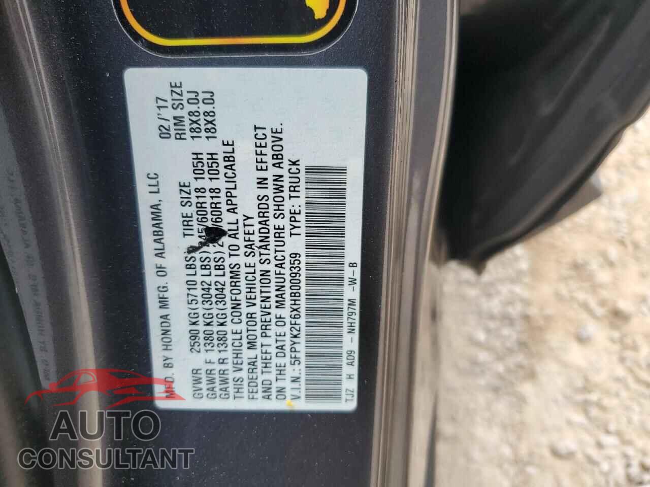 HONDA RIDGELINE 2017 - 5FPYK2F6XHB009359