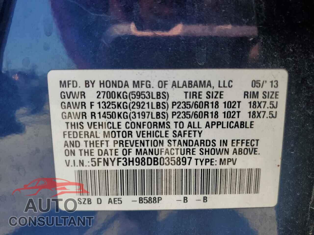 HONDA PILOT 2013 - 5FNYF3H98DB035897