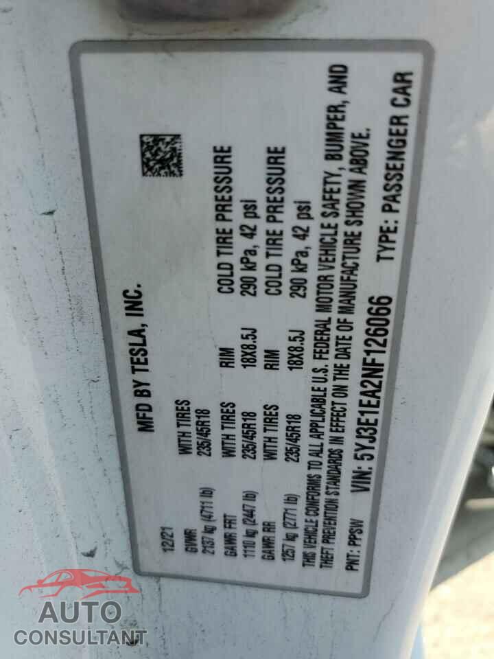 TESLA MODEL 3 2022 - 5YJ3E1EA2NF126066