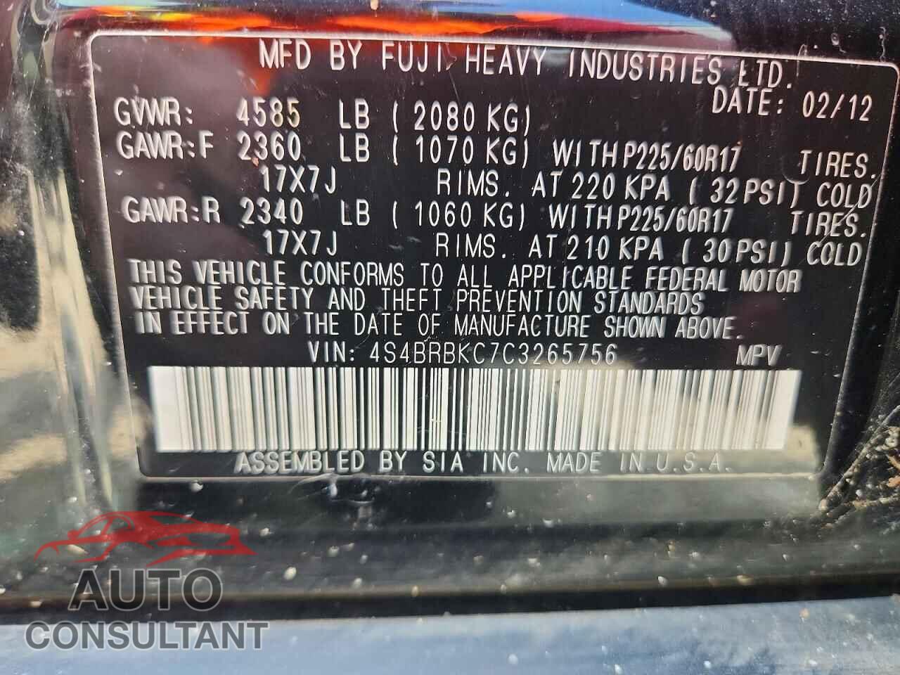 SUBARU OUTBACK 2012 - 4S4BRBKC7C3265756