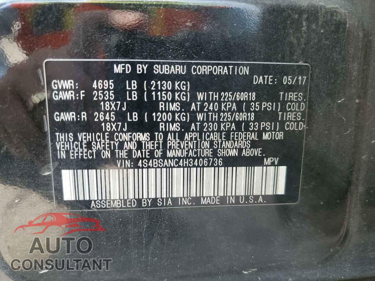 SUBARU OUTBACK 2017 - 4S4BSANC4H3406736