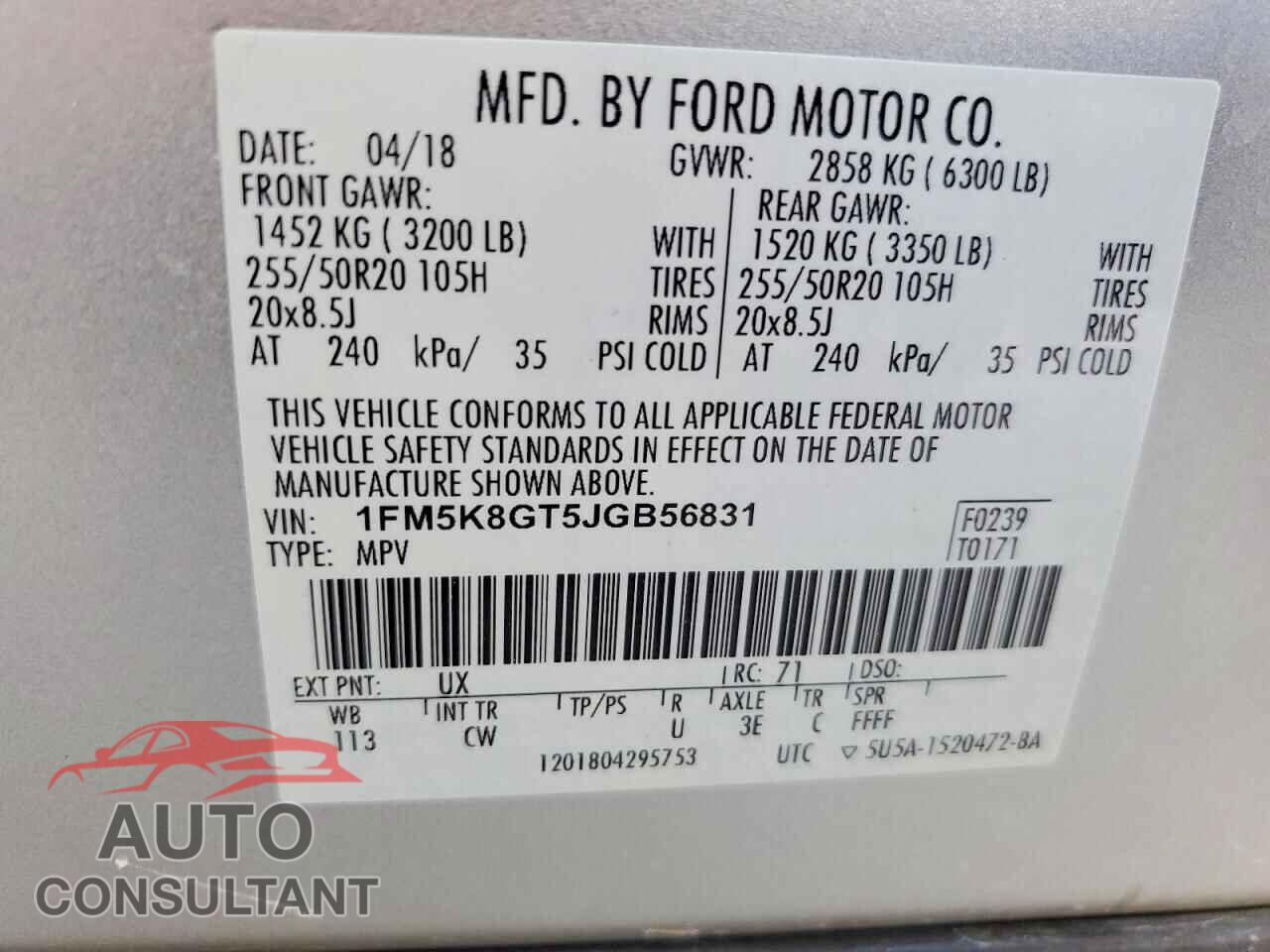 FORD EXPLORER 2018 - 1FM5K8GT5JGB56831