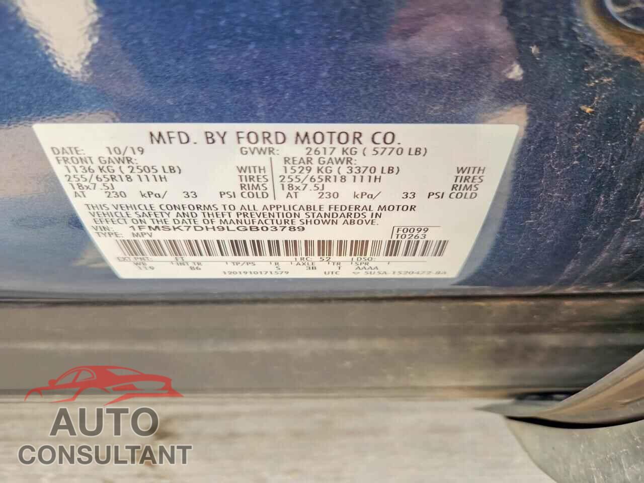 FORD EXPLORER 2020 - 1FMSK7DH9LGB03789