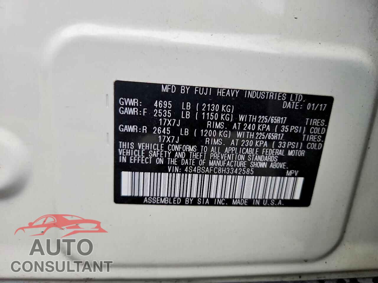 SUBARU OUTBACK 2017 - 4S4BSAFC8H3342585