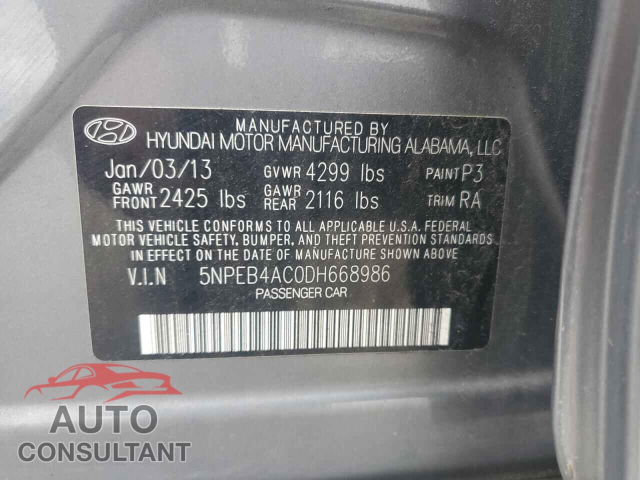 HYUNDAI SONATA 2013 - 5NPEB4AC0DH668986