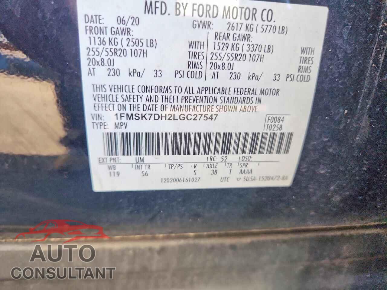 FORD EXPLORER 2020 - 1FMSK7DH2LGC27547