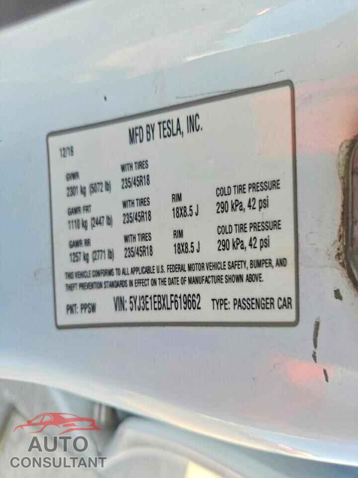 TESLA MODEL 3 2020 - 5YJ3E1EBXLF619662
