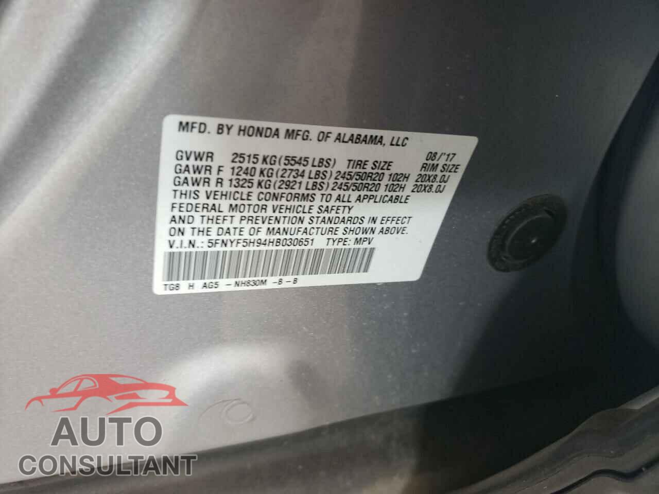 HONDA PILOT 2017 - 5FNYF5H94HB030651