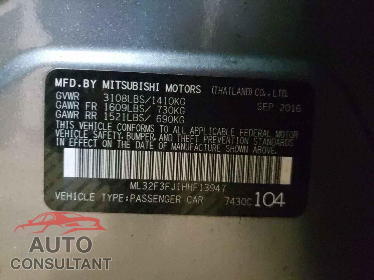 MITSUBISHI MIRAGE 2017 - ML32F3FJ1HHF13947