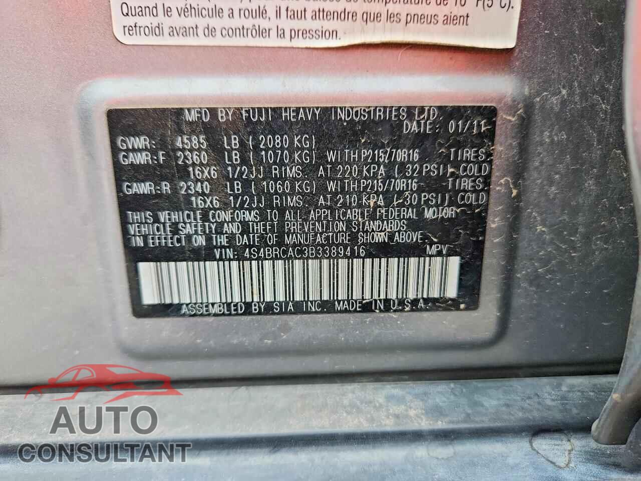 SUBARU OUTBACK 2011 - 4S4BRCAC3B3389416