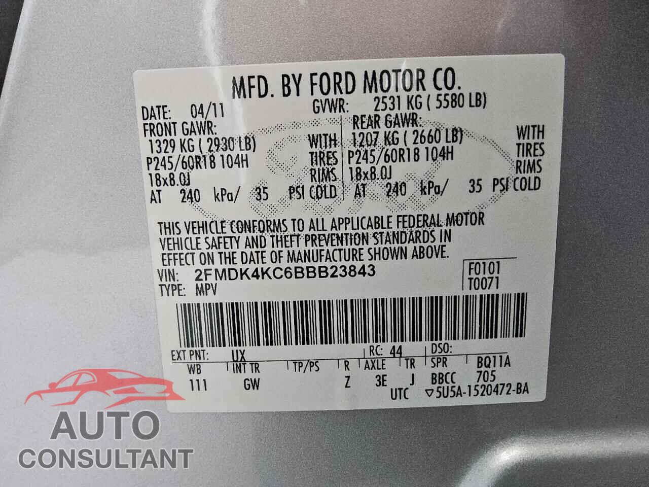 FORD EDGE 2011 - 2FMDK4KC6BBB23843