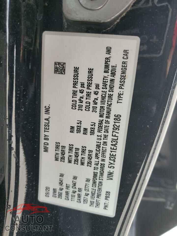TESLA MODEL 3 2020 - 5YJ3E1EA3LF792186