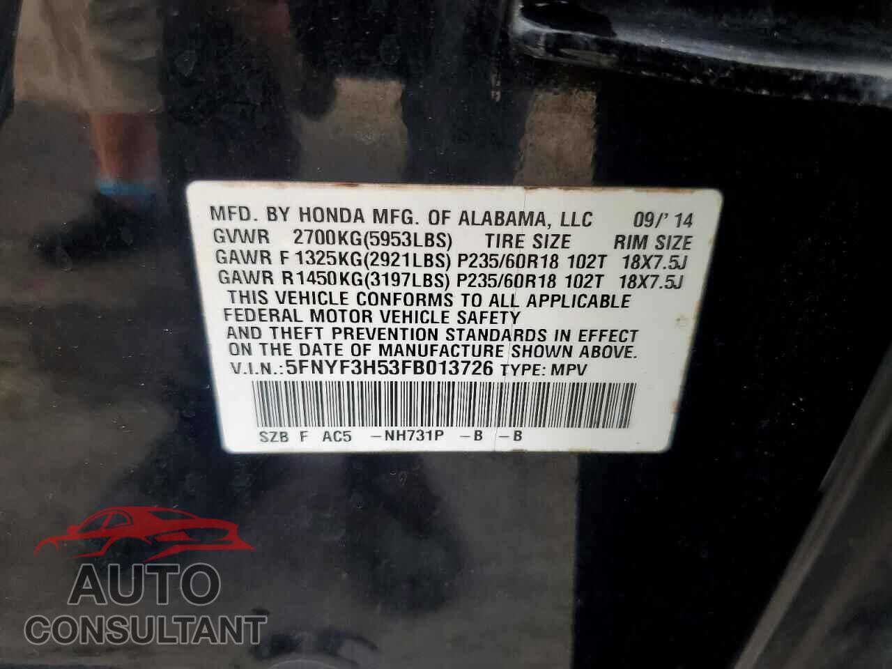 HONDA PILOT 2015 - 5FNYF3H53FB013726