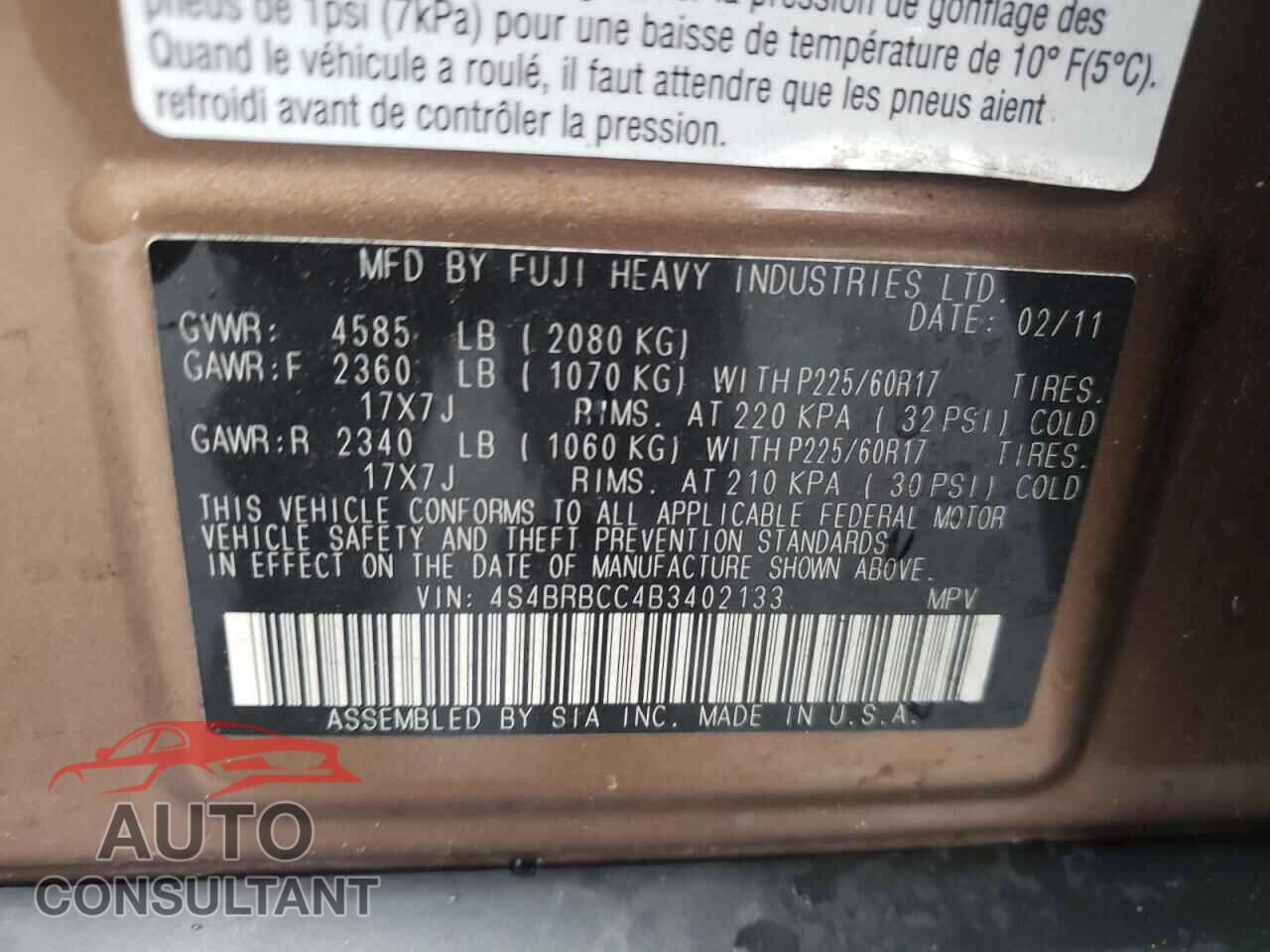 SUBARU OUTBACK 2011 - 4S4BRBCC4B3402133