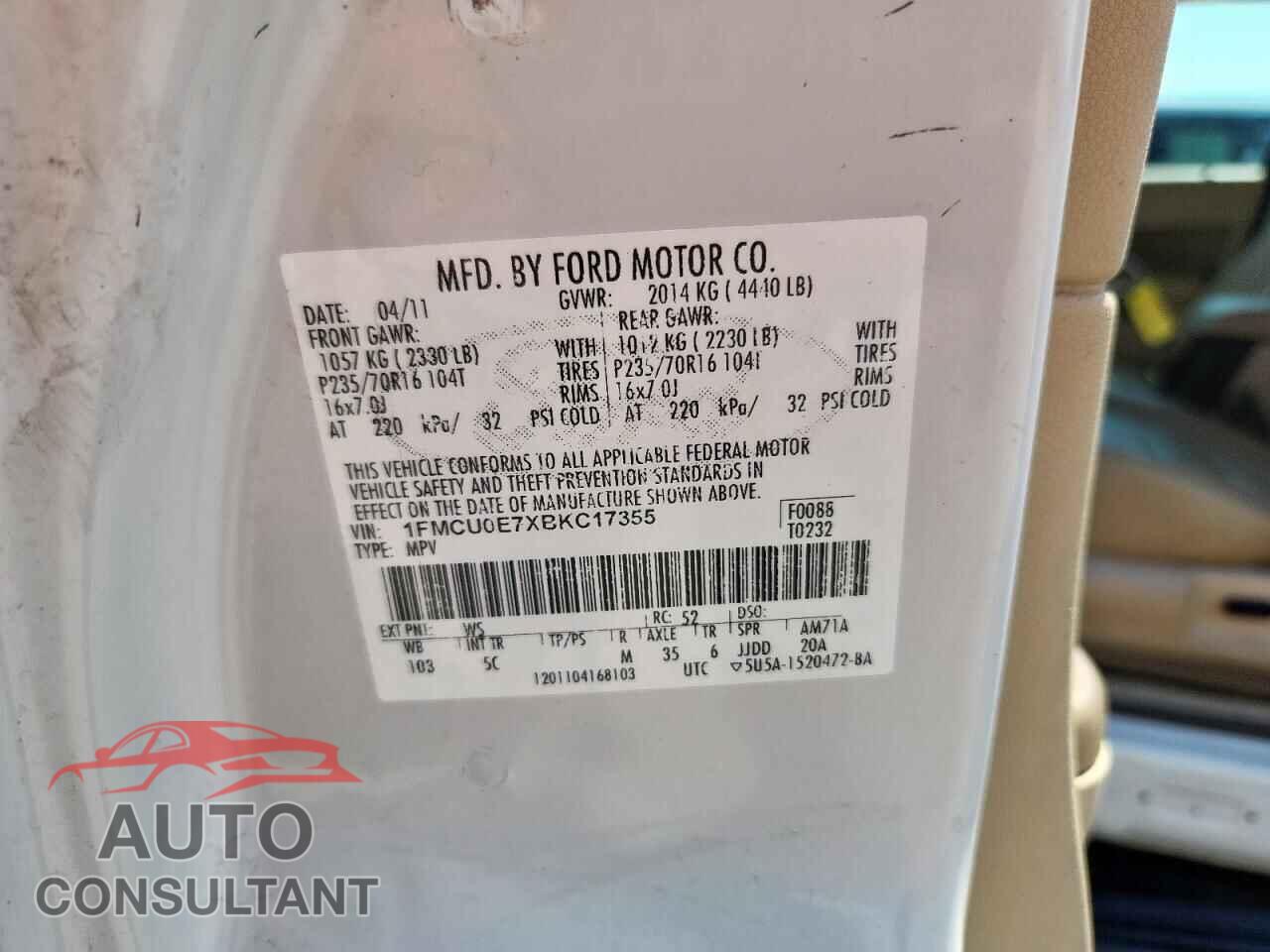 FORD ESCAPE 2011 - 1FMCU0E7XBKC17355