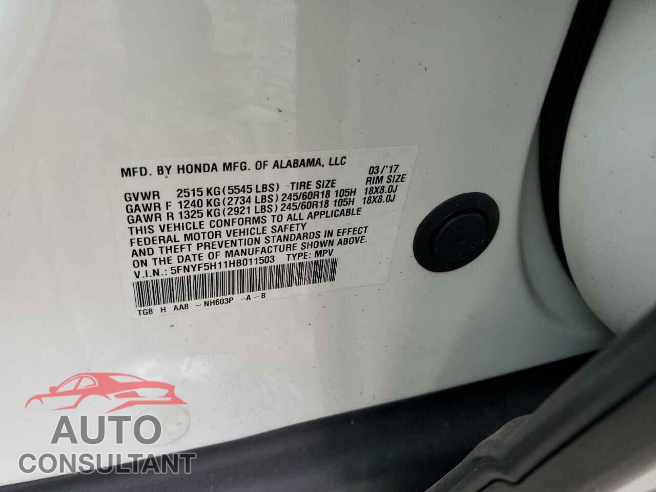 HONDA PILOT 2017 - 5FNYF5H11HB011503