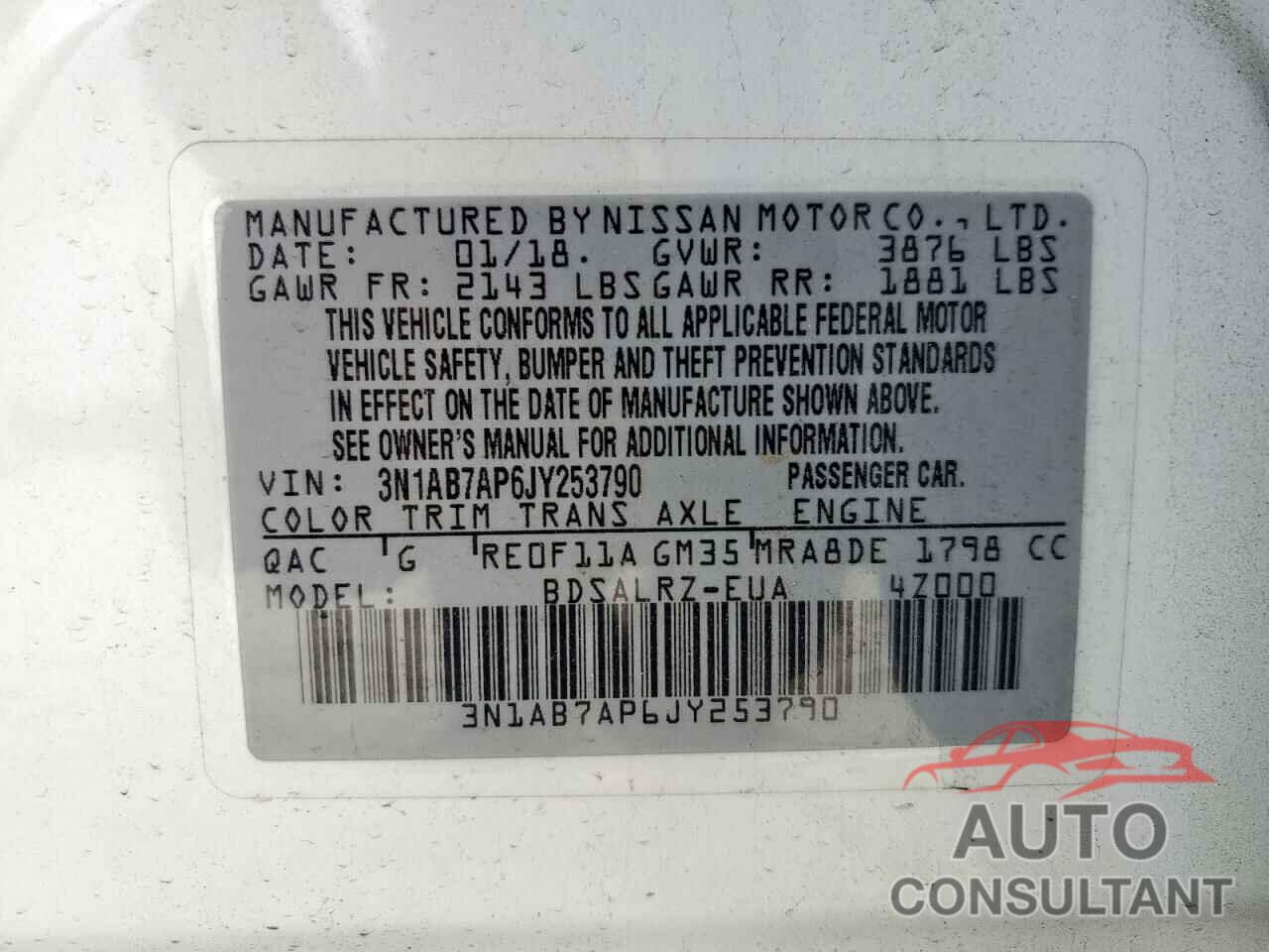 NISSAN SENTRA 2018 - 3N1AB7AP6JY253790