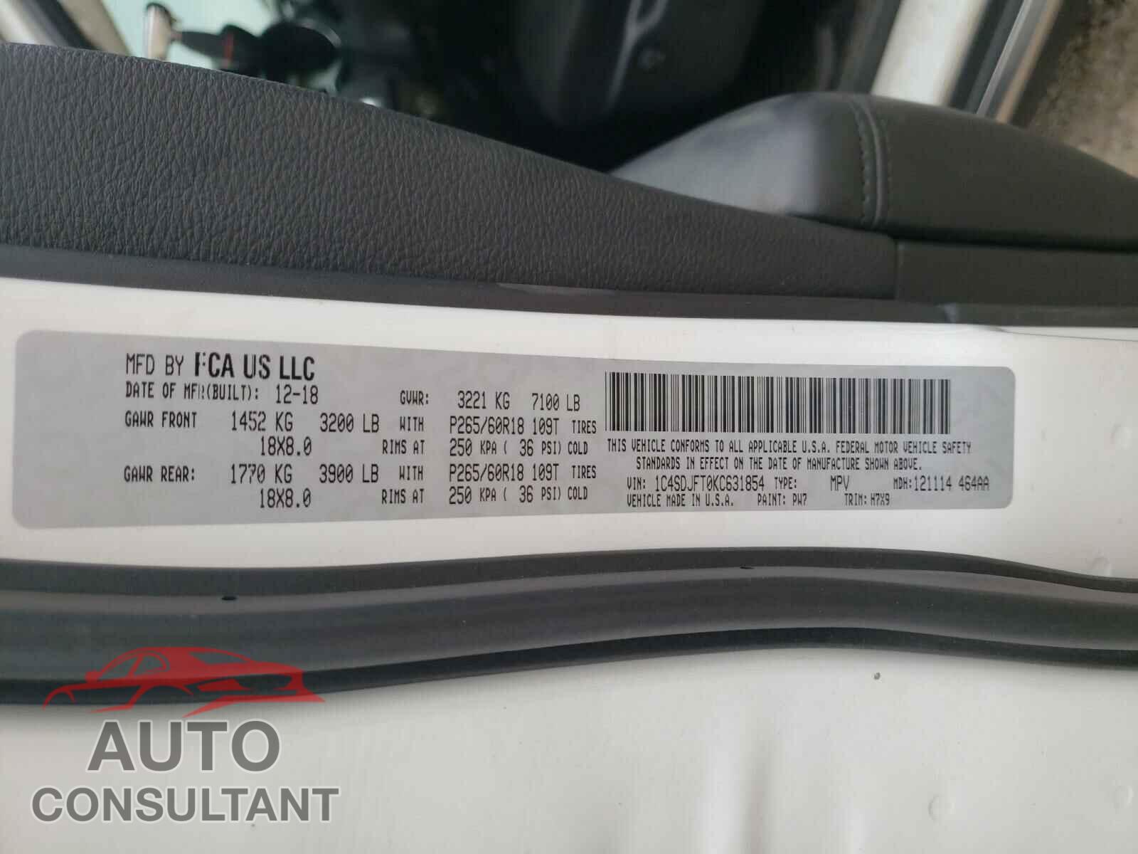 DODGE DURANGO 2019 - 1C4SDJFT0KC631854