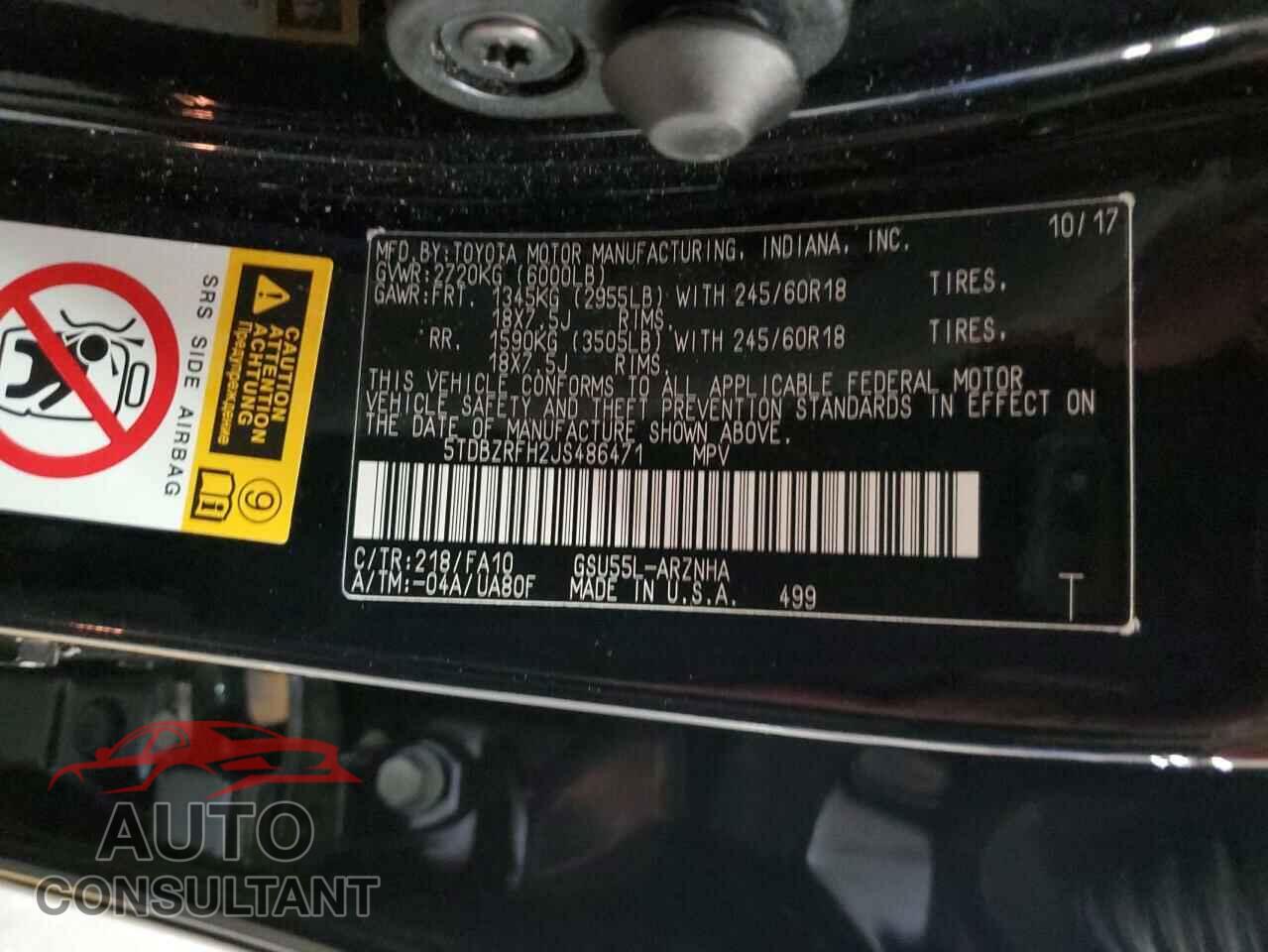 TOYOTA HIGHLANDER 2018 - 5TDBZRFH2JS486471