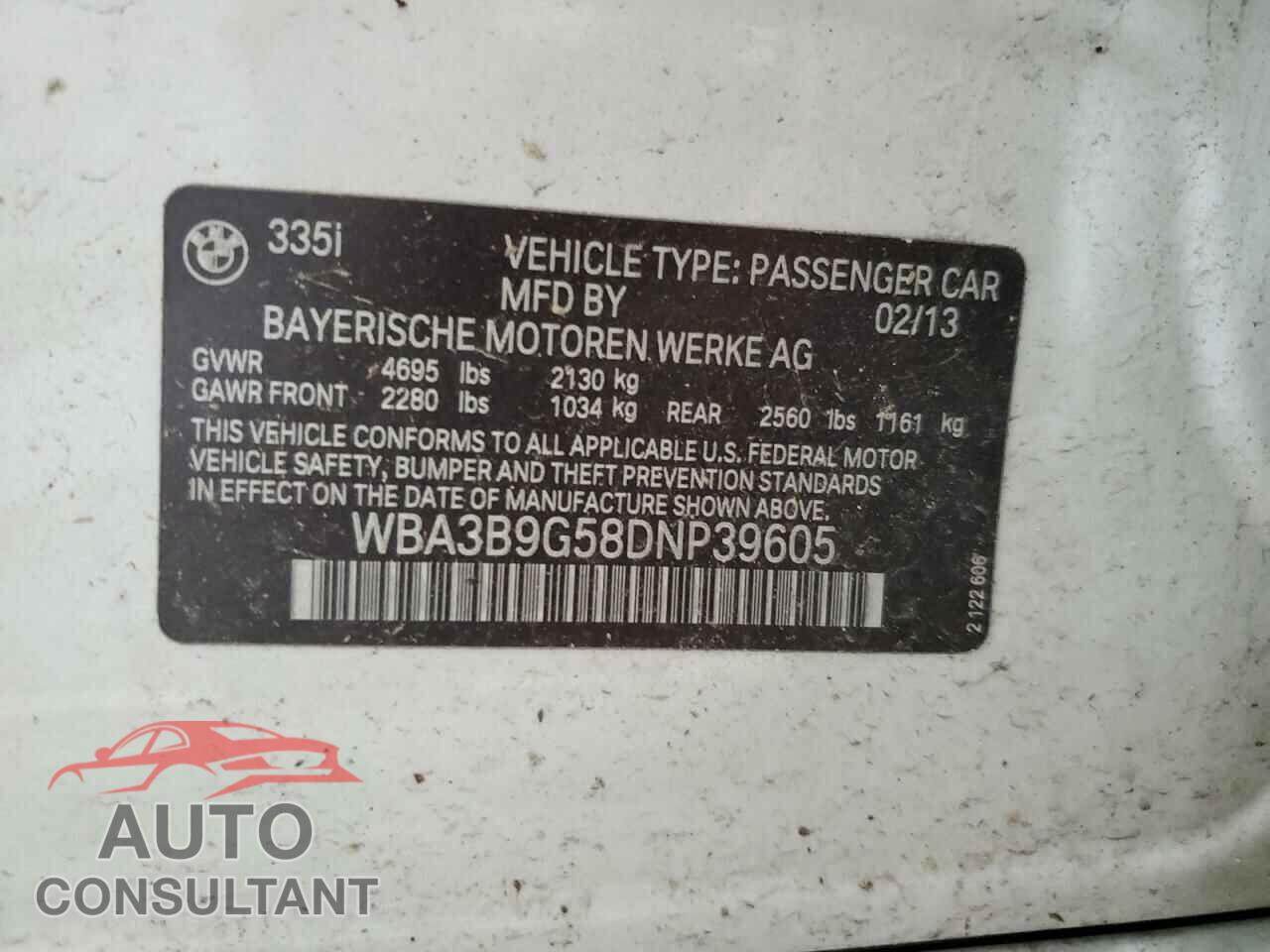 BMW 3 SERIES 2013 - WBA3B9G58DNP39605