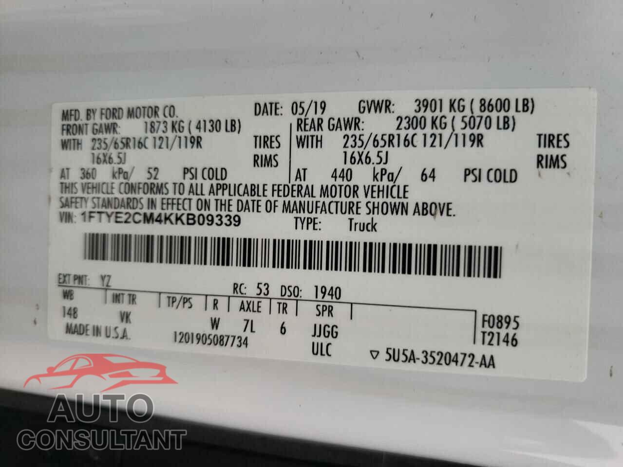 FORD TRANSIT CO 2019 - 1FTYE2CM4KKB09339