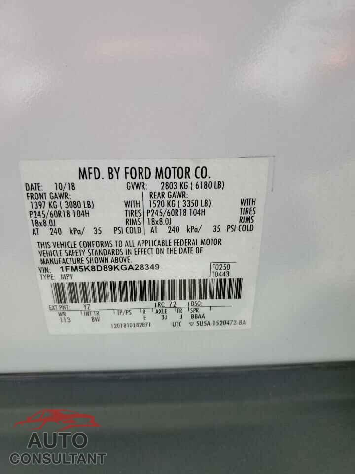 FORD EXPLORER 2019 - 1FM5K8D89KGA28349