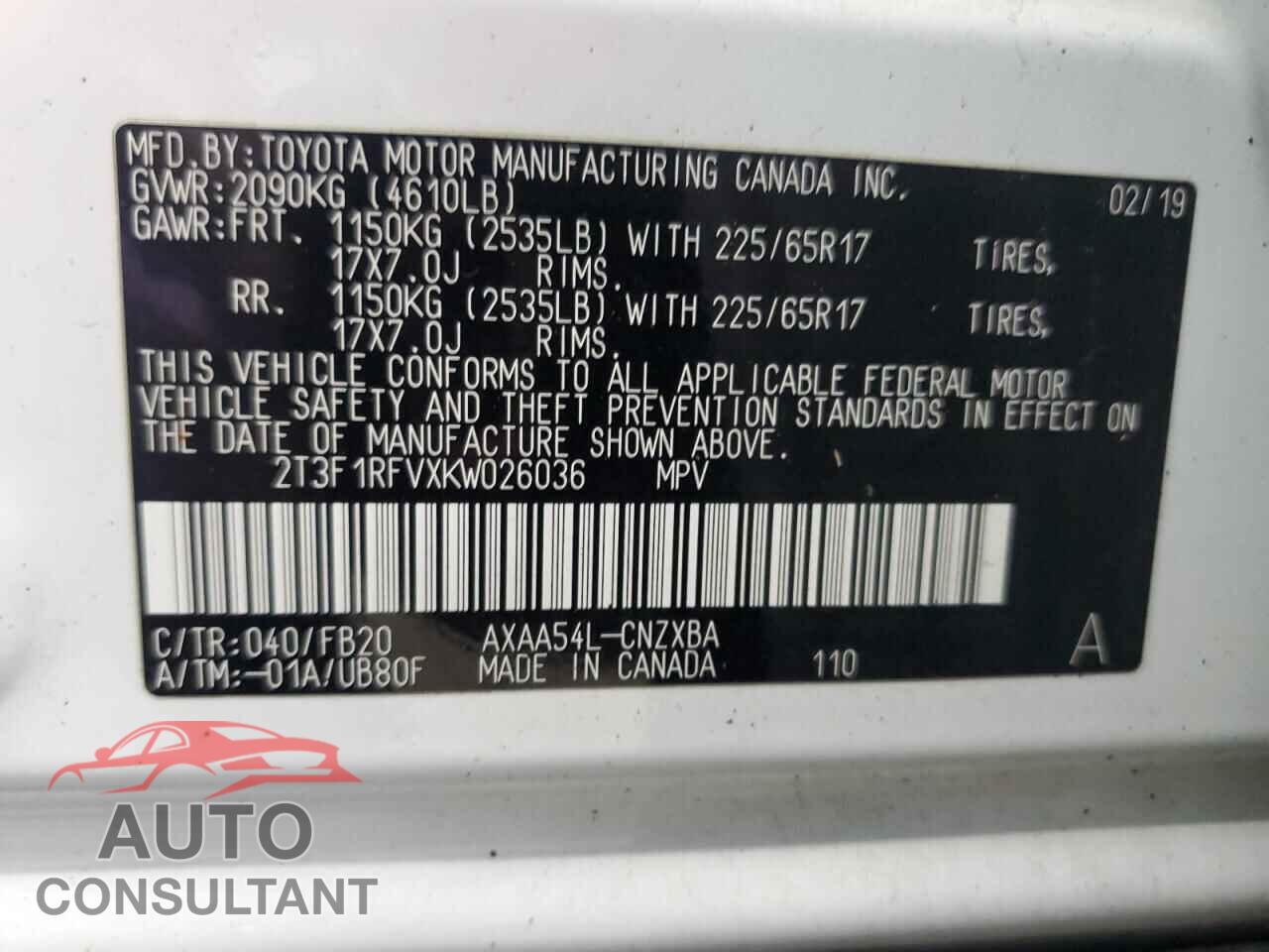 TOYOTA RAV4 2019 - 2T3F1RFVXKW026036