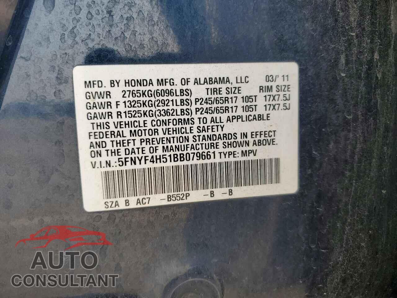 HONDA PILOT 2011 - 5FNYF4H51BB079661
