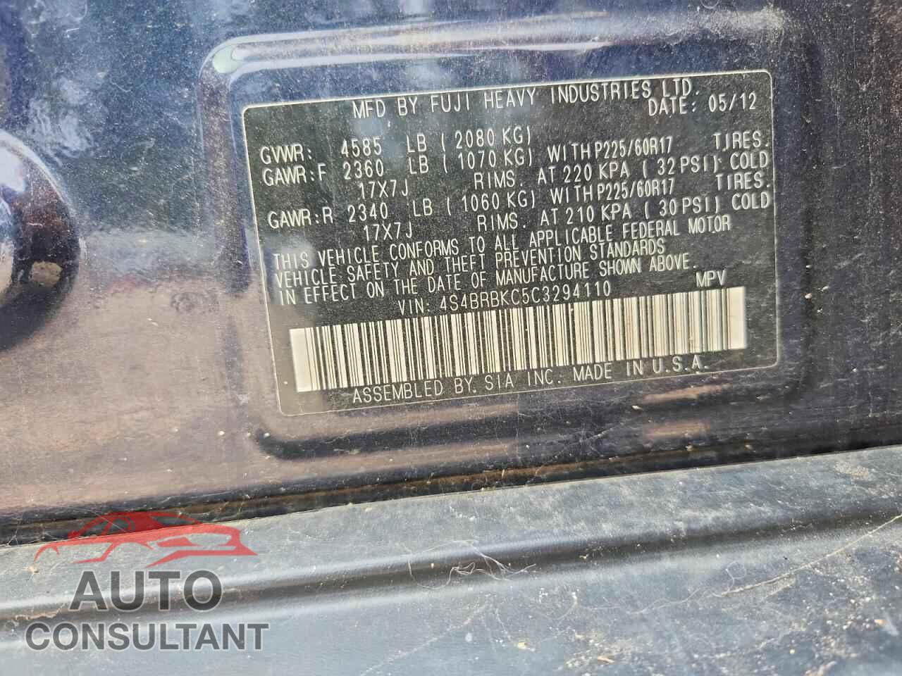 SUBARU OUTBACK 2012 - 4S4BRBKC5C3294110