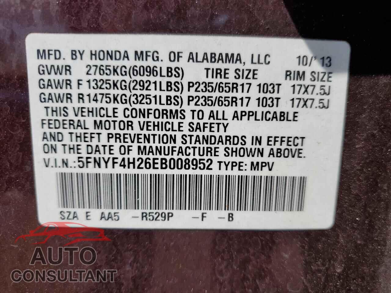 HONDA PILOT 2014 - 5FNYF4H26EB008952