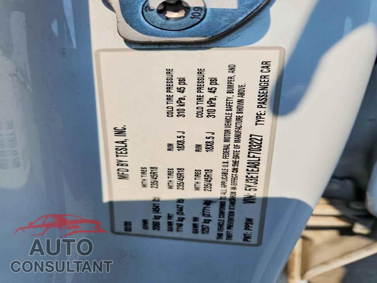 TESLA MODEL 3 2020 - 5YJ3E1EA8LF703227