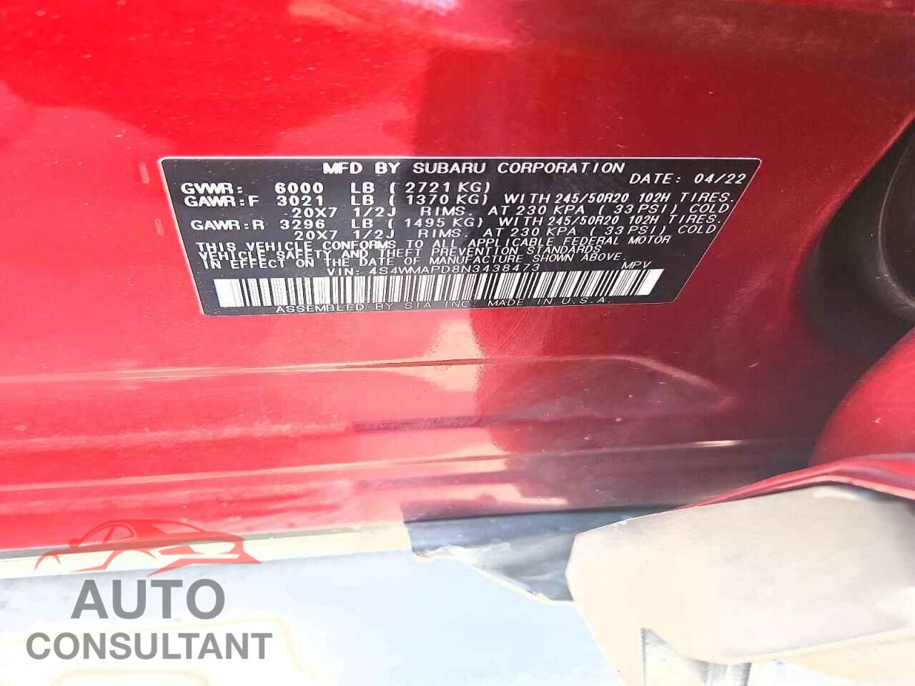 SUBARU ASCENT 2022 - 4S4WMAPD8N3438473