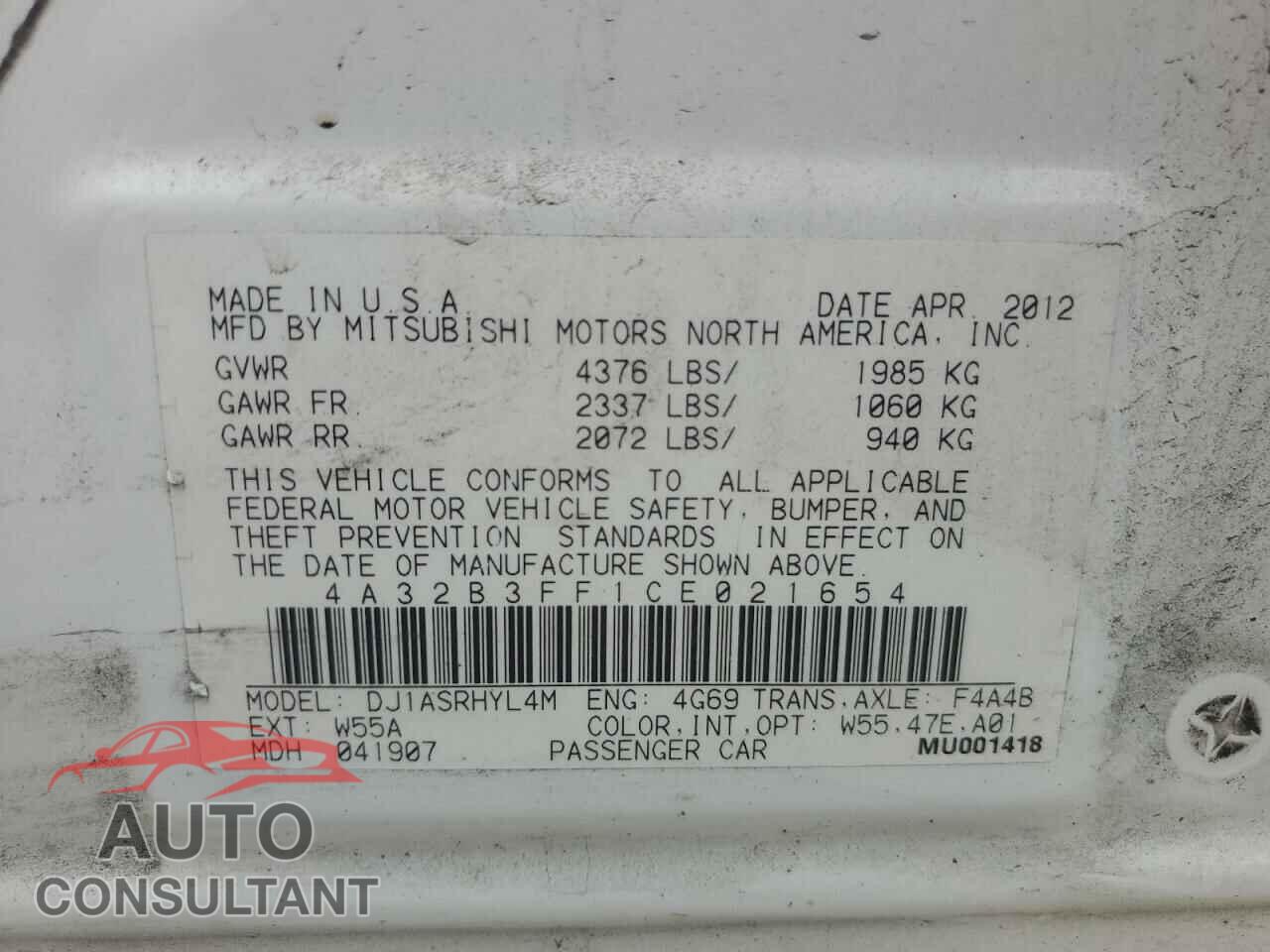 MITSUBISHI GALANT 2012 - 4A32B3FF1CE021654
