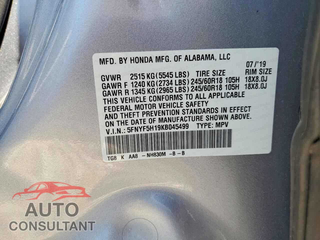 HONDA PILOT 2019 - 5FNYF5H19KB045499