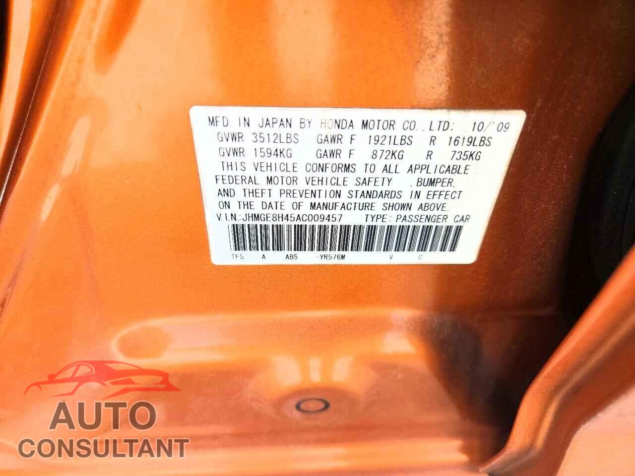 HONDA FIT 2010 - JHMGE8H45AC009457