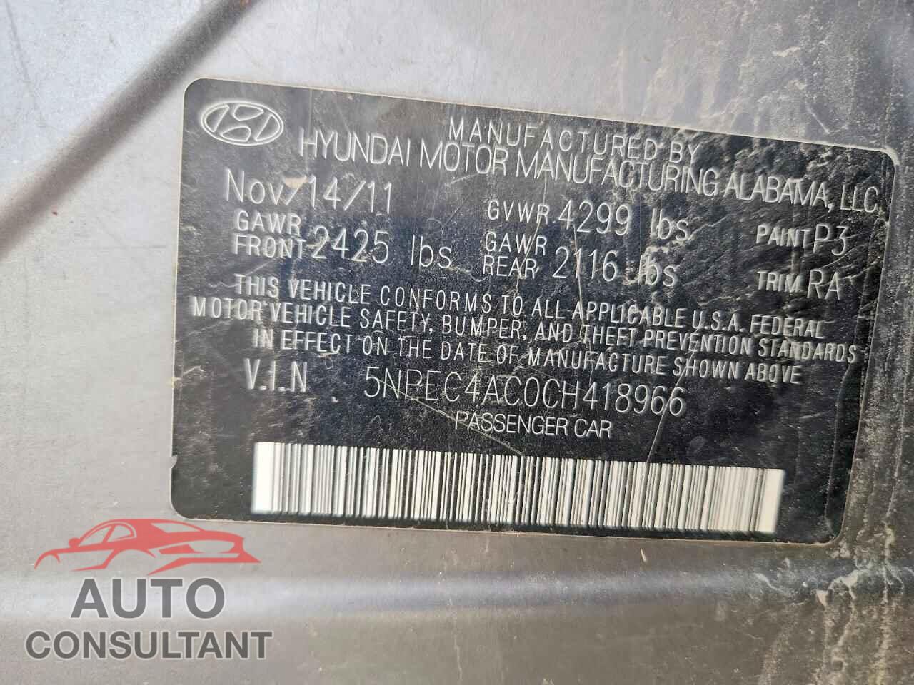 HYUNDAI SONATA 2012 - 5NPEC4AC0CH418966