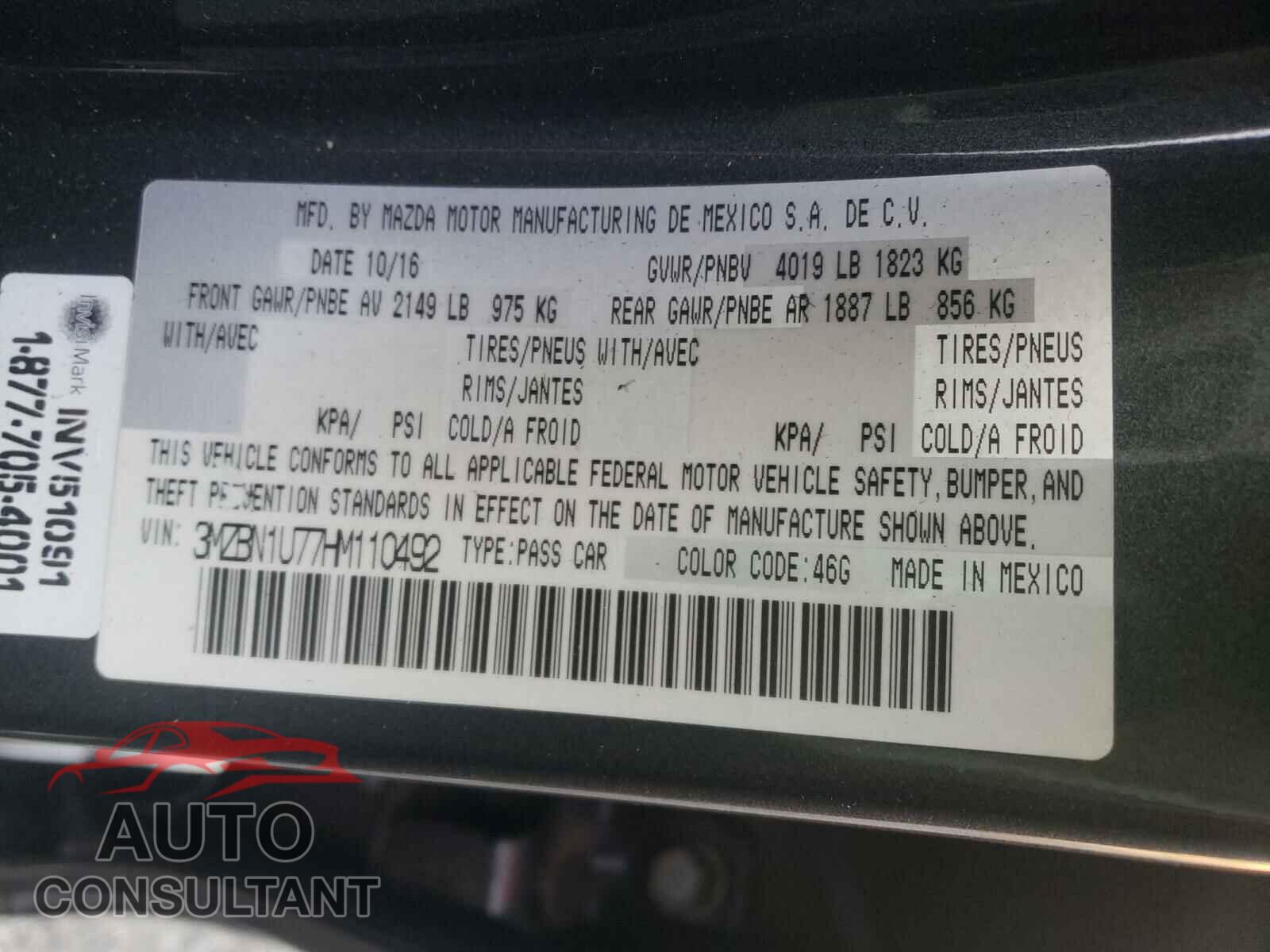 MAZDA 3 2017 - 3MZBN1U77HM110492