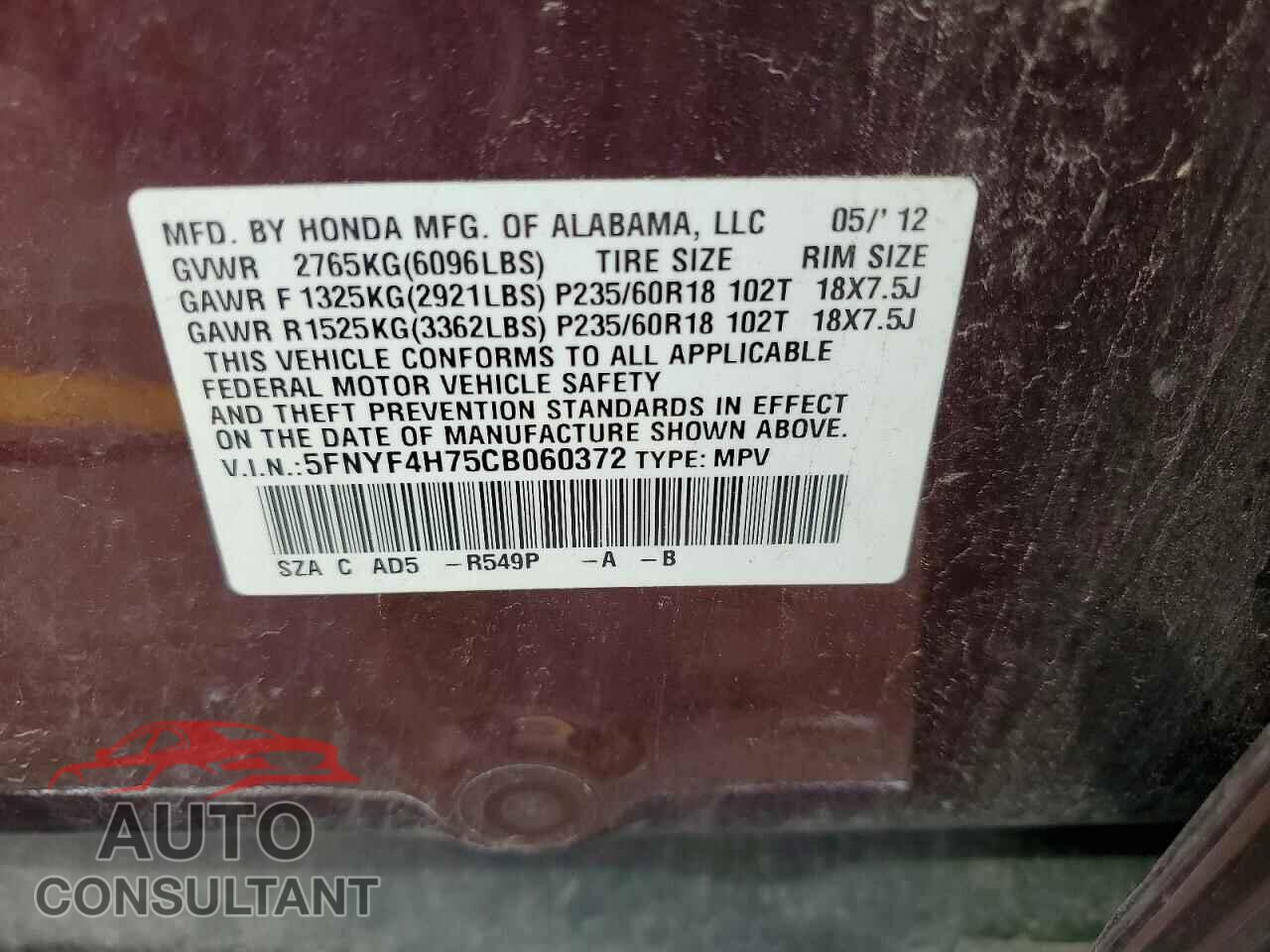 HONDA PILOT 2012 - 5FNYF4H75CB060372