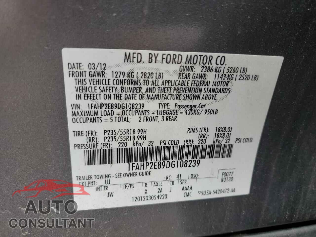 FORD TAURUS 2013 - 1FAHP2E89DG108239