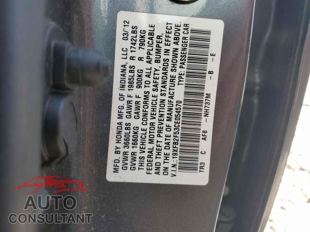 HONDA CIVIC 2012 - 19XFB2F53CE054570