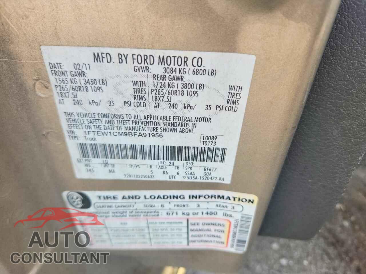 FORD F150 2011 - 1FTEW1CM9BFA91956
