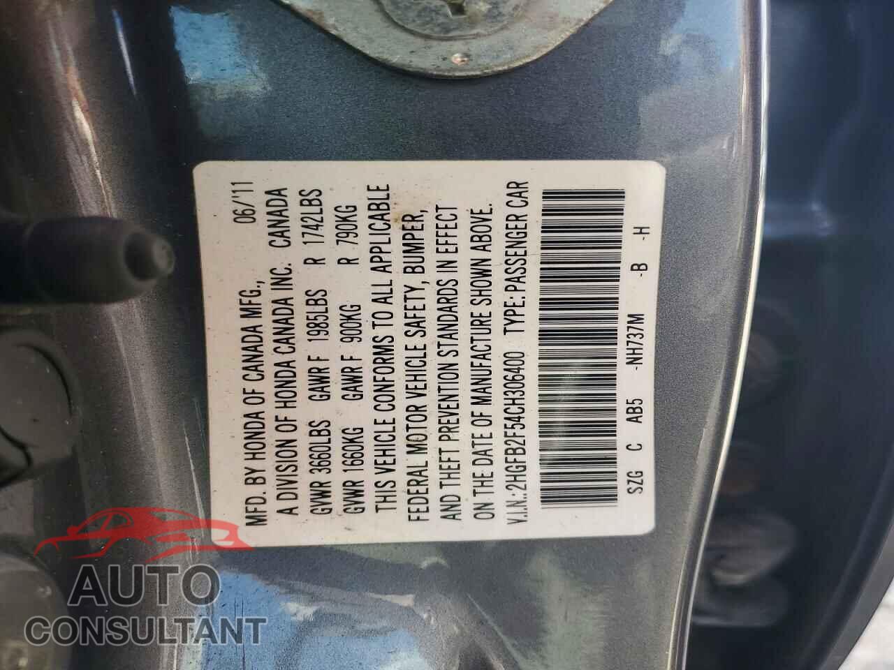 HONDA CIVIC 2012 - 2HGFB2F54CH306400