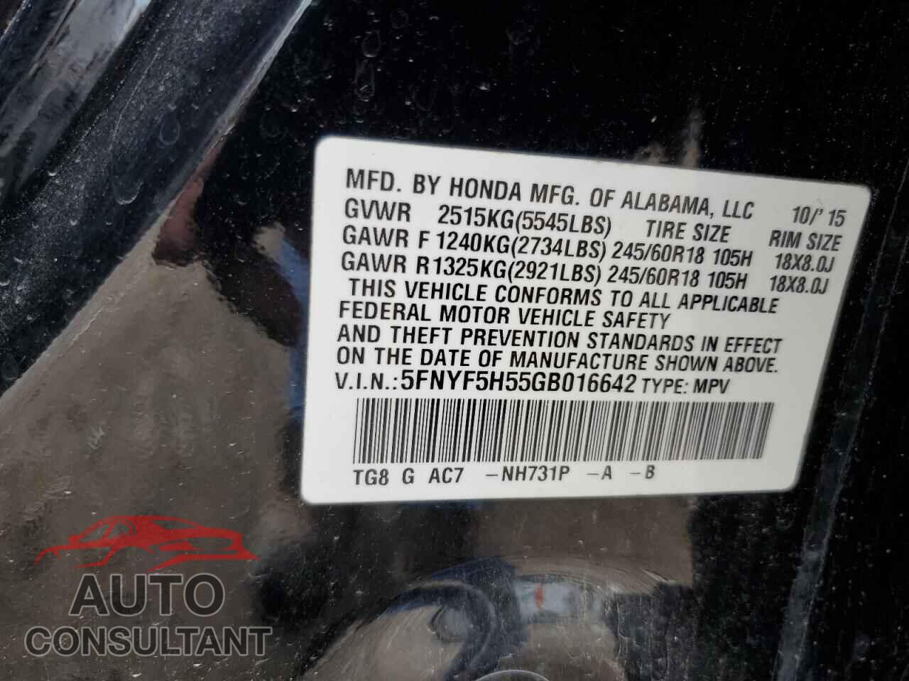 HONDA PILOT 2016 - 5FNYF5H55GB016642