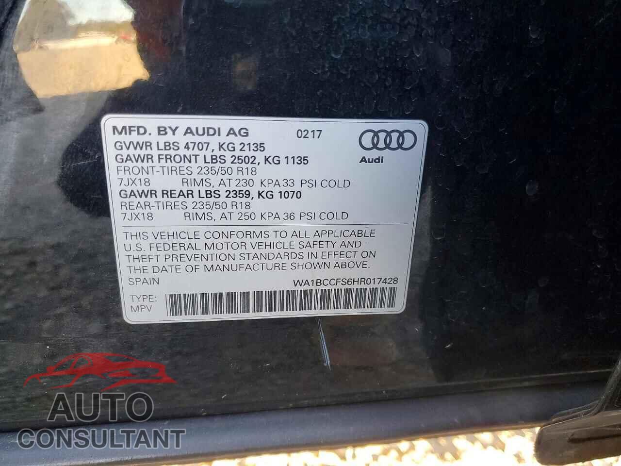 AUDI Q3 2017 - WA1BCCFS6HR017428